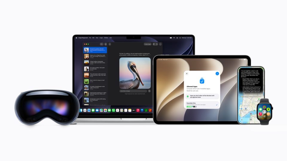 Συσκευές Apple με τις νέες εκδόσεις λογισμικού, ανάμεσά τους iPhone με iOS 27 και iPad με επιλογές γονικού ελέγχου.