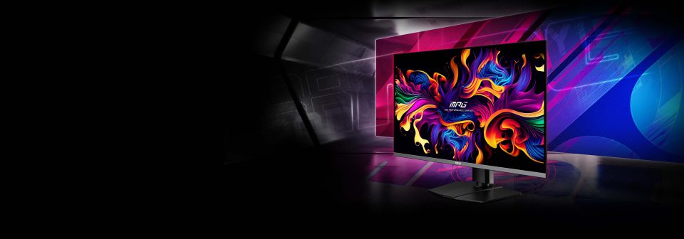 OLED monitor MSI MPG 321URX με πολύχρωμο σχέδιο στην οθόνη και φωτισμένο φόντο.