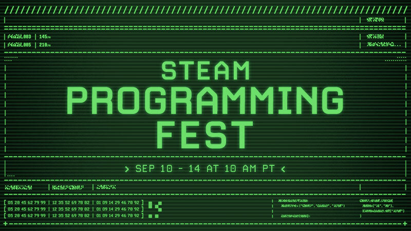Πράσινο γραφικό του Steam Programming Fest 2026 σε ύφος οθόνης υπολογιστή, με τις ημερομηνίες 10 έως 14 Σεπτεμβρίου.